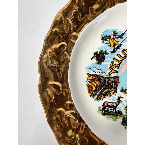 Vintage Yellowstone Park Souvenir Plate With Gold Tone Border - Picture 3 of 16